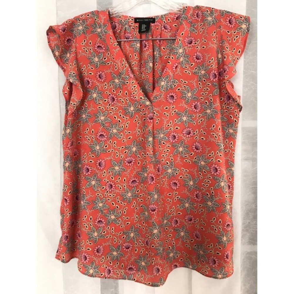 Willi Smith Womens Coral‎ Floral V-Neck Flutter Cap Sleeve Blouse Top Medium